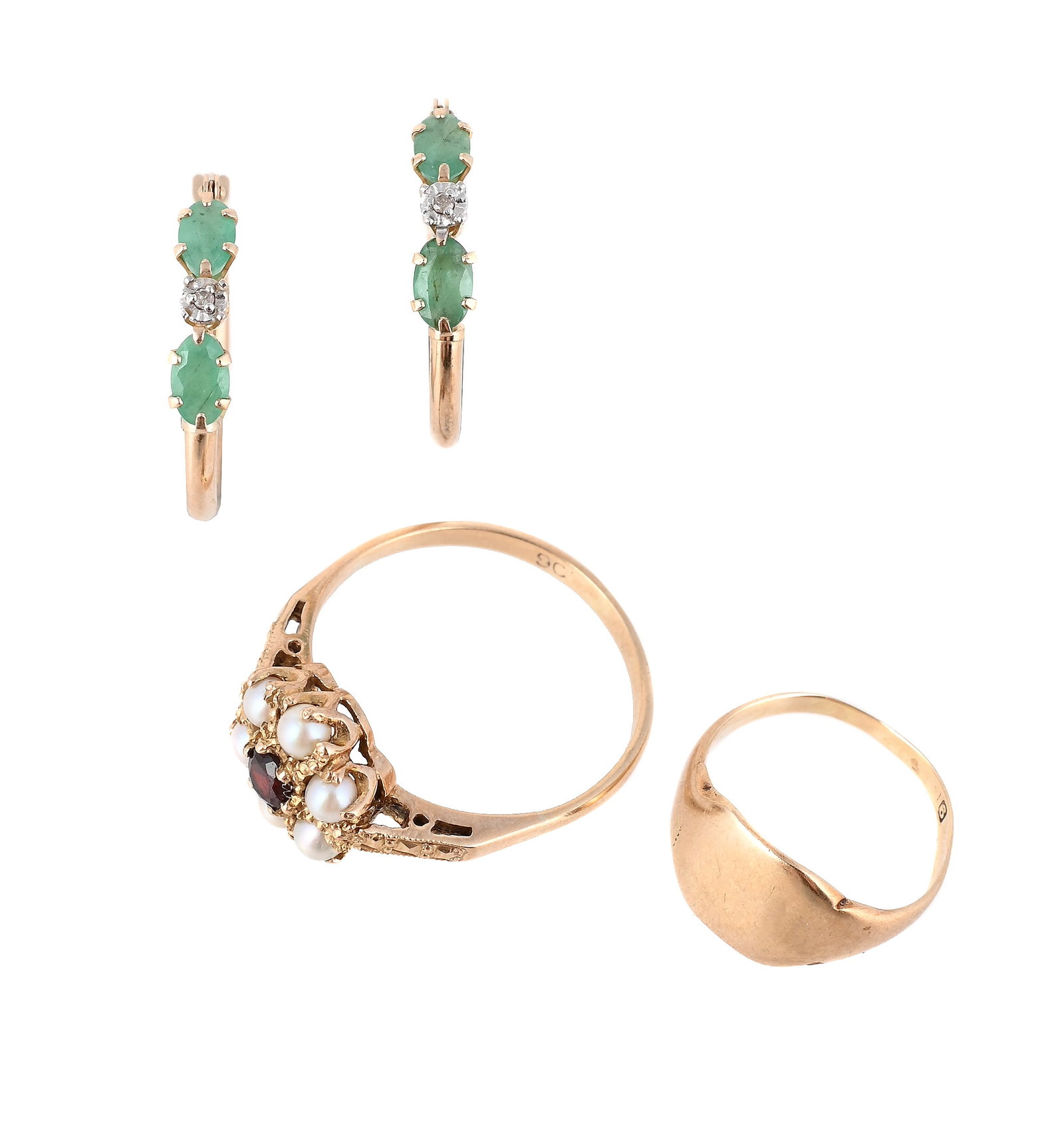 A SMALL COLLECTION OF JEWELLERY: A SMALL COLLECTION OF JEWELLERY To include a garnet and cultured pearl cluster ring, stamped 9ct; a pair of beryl and diamond point hoop earrings, stamped 9k; and a polished signet ring, stamped 9