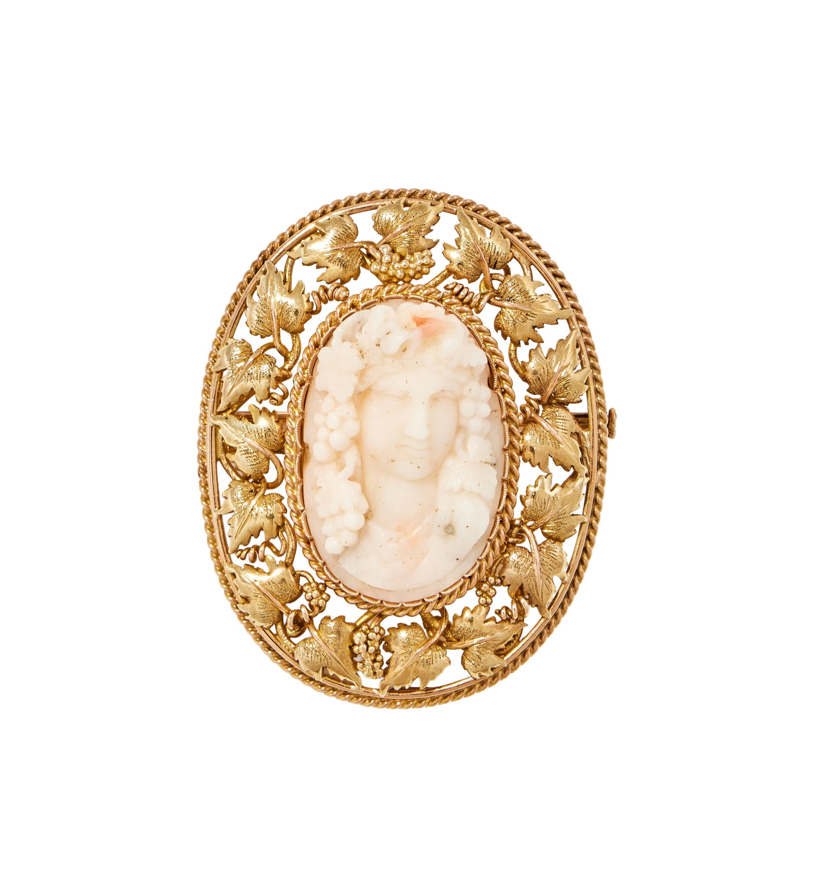 Y A CORAL CAMEO BROOCH: Y A CORAL CAMEO BROOCH The central coral panel carved with a portrait of Bacchus, within a vine and grape surround, maker's mark K.H, stamped 585, Austrian control mark Size/dimensions: