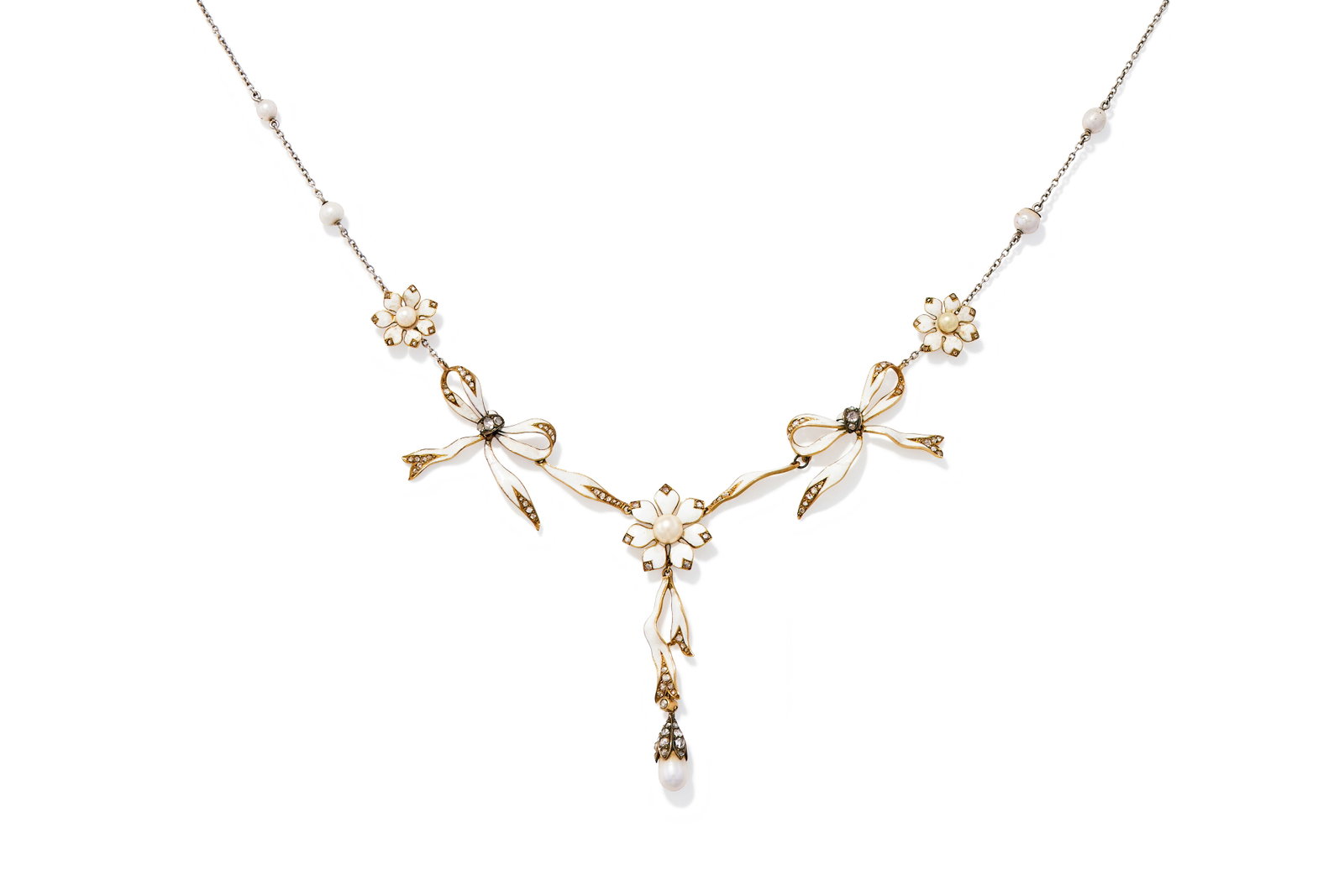 AN ENAMEL, DIAMOND AND PEARL NECKLACE: AN ENAMEL, DIAMOND AND PEARL NECKLACE EARLY 20TH CENTURY AND LATER Designed as white enamel flowerheads and ribbon bows, accented with pearls and rose cut diamonds, to a navette shaped clasp and