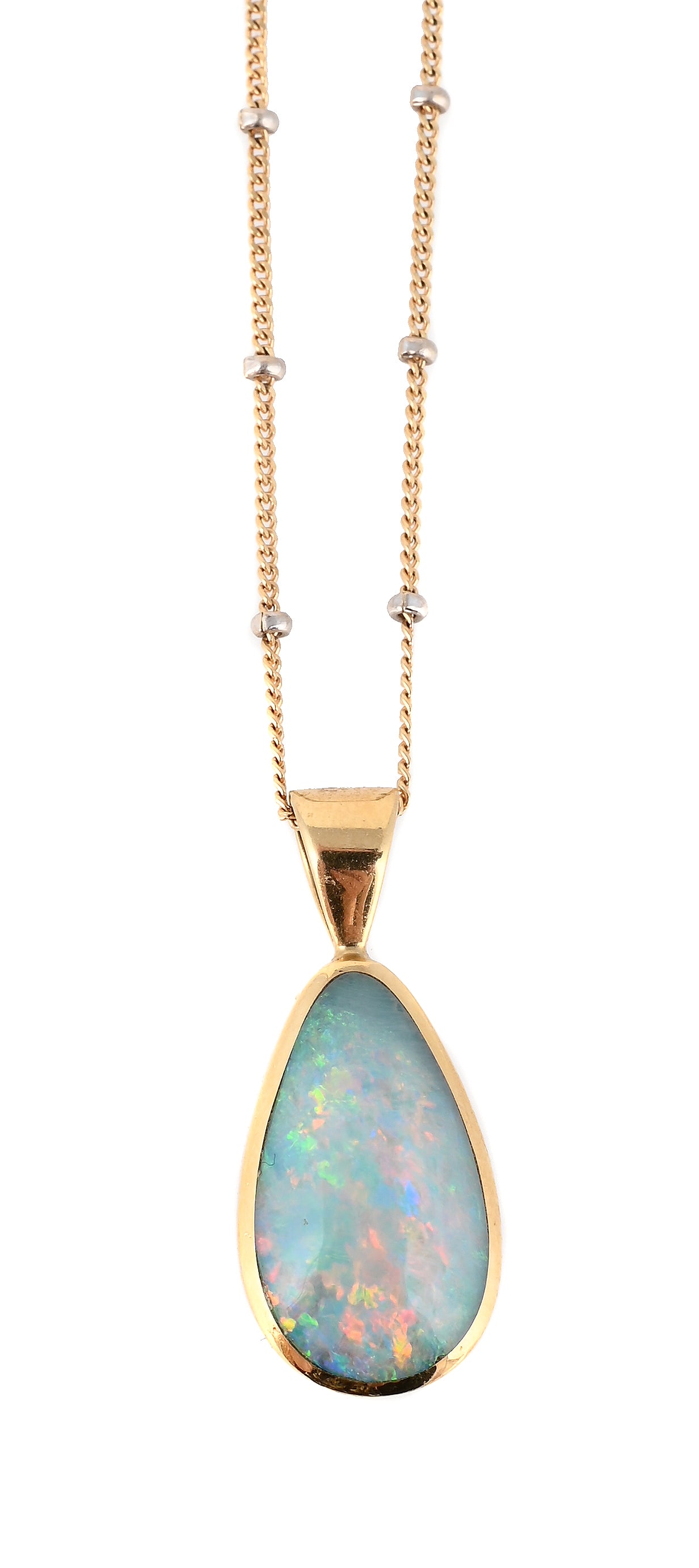 AN OPAL PENDANT ON CHAIN: AN OPAL PENDANT ON CHAIN The polished pear shaped cabochon opal mounted in 18 carat gold, hallmarked London 2004 maker's mark MD, on an associated 18 carat gold curb link
