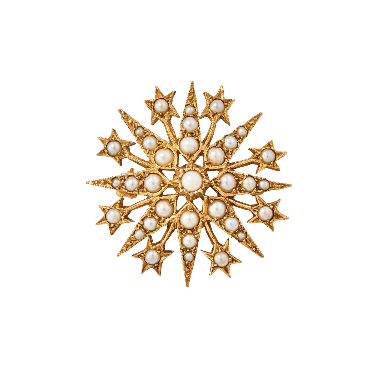 A HALF PEARL STAR BROOCH: A HALF PEARL STAR BROOCH LONDON 1969 The 9 carat gold star set with graduated half cultured pearls Size/dimensions: 3.1cm wide Gross weight: 7.4 grams Provenance: The Property of a Lady of