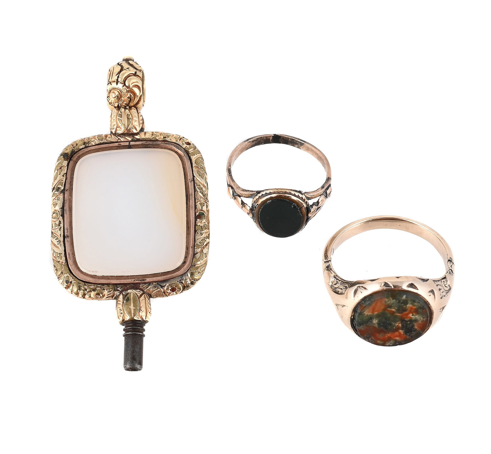 A SMALL COLLECTION OF ITEMS: A SMALL COLLECTION OF ITEMS Comprising a late Victorian moss agate signet ring, the vacant matrix within an engraved surround, unmarked; together with a bloodstone signet ring, unmarked; and a