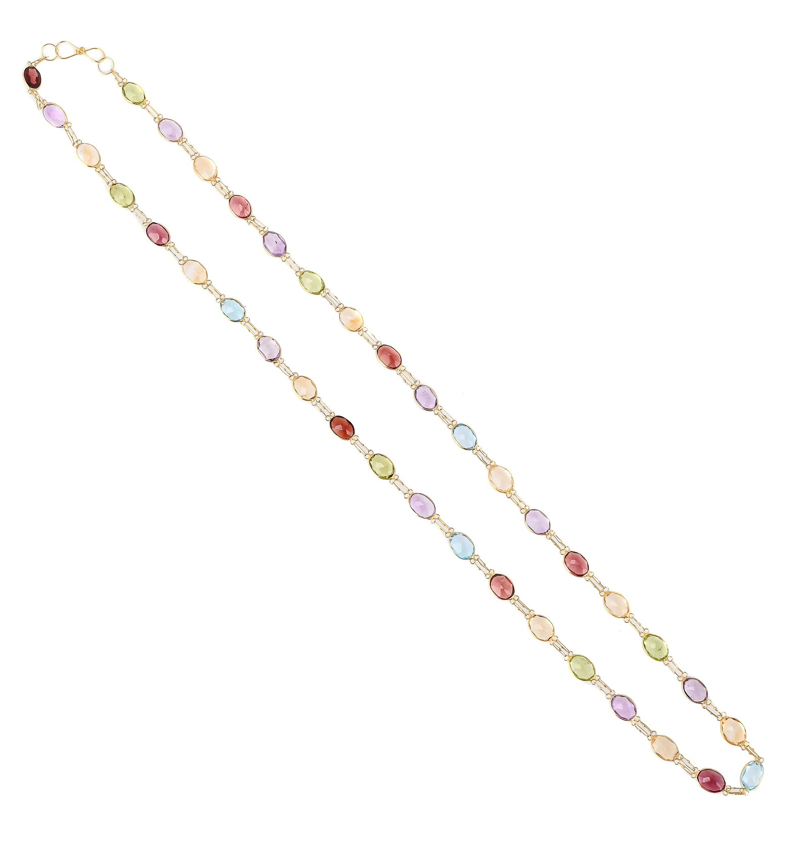 A MULTI GEM SET NECKLACE: A MULTI GEM SET NECKLACE Spectacle set with oval cut citrines, garnets, peridot, amethyst and blue topaz between chain connectors, to a hook clasp, stamped 585 Size/dim