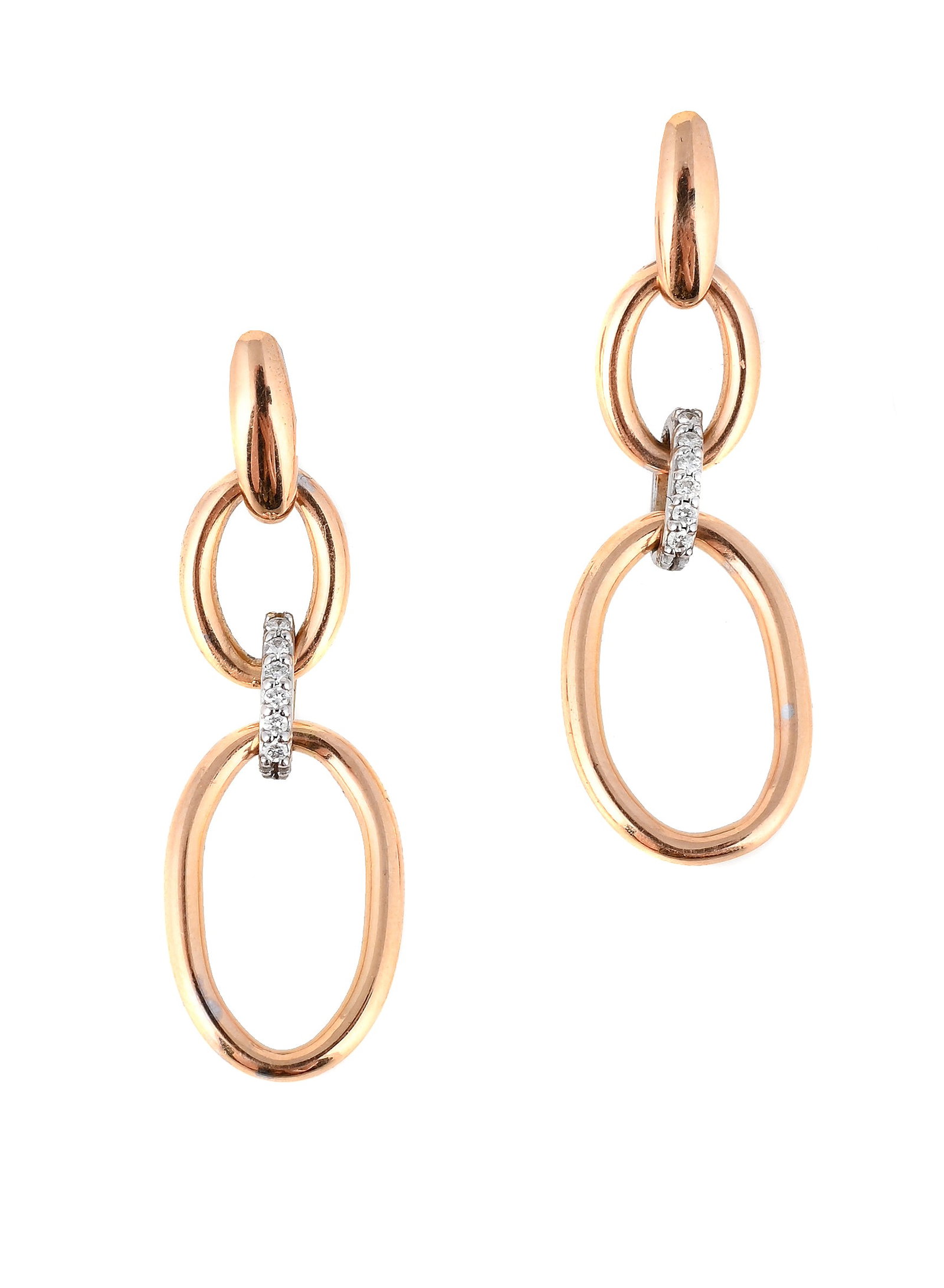 A PAIR OF DIAMOND SET PENDENT EARRINGS: A PAIR OF DIAMOND SET PENDENT EARRINGS The graduated polished hoops with a brilliant cut diamond connector, post fittings, stamped 750 with Italian control mark Size/dimensions: 3.9cm long Gross