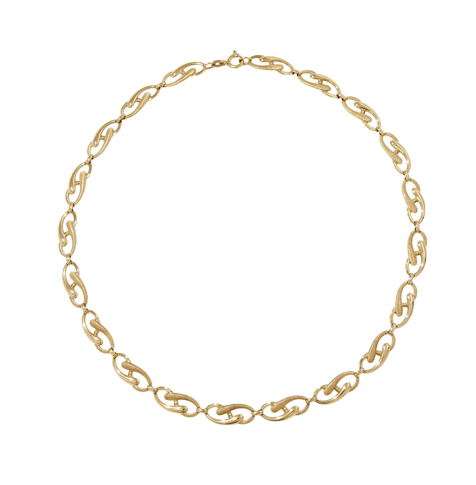 A FANCY LINK NECKLACE: A FANCY LINK NECKLACE Of polished and reeded loop 9ct gold linking, UK import mark 1975 Size/Dimension: 42.5cm long Gross weight: 9.6 grams Condition Report Disclaimer
