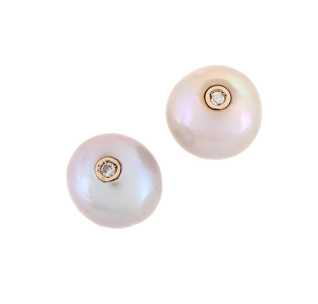 A PAIR OF CULTURED PEARL AND DIAMOND EARRINGS (1 of 1)