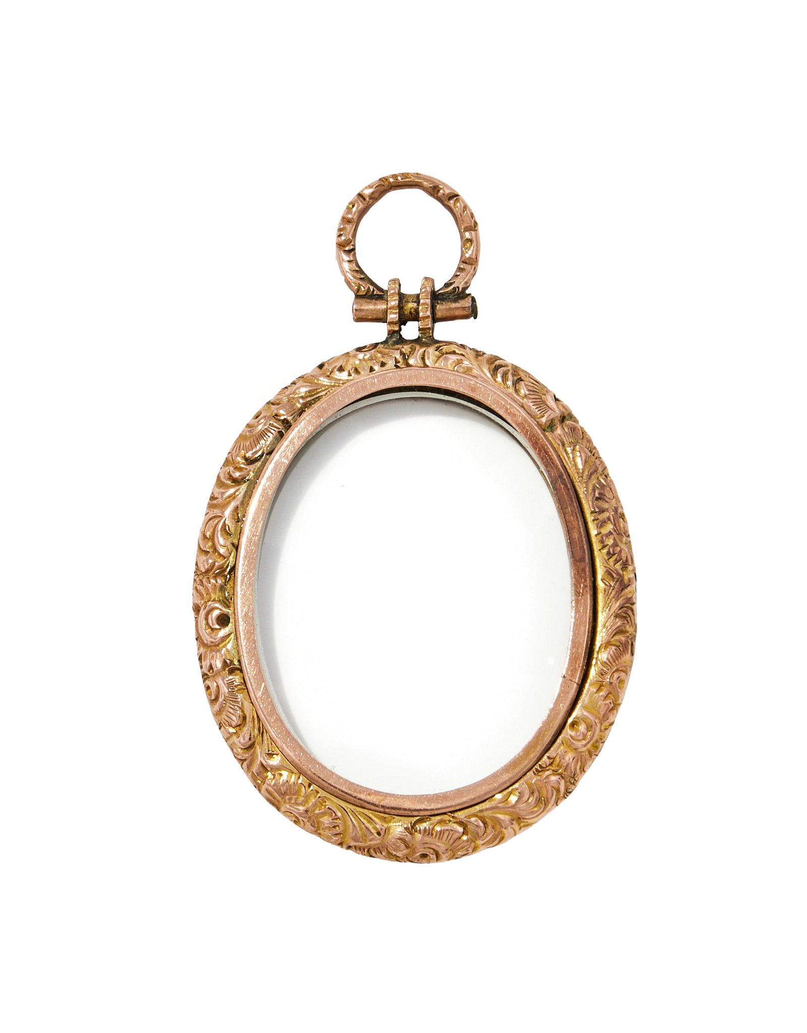 A VICTORIAN QUIZZING GLASS: A VICTORIAN QUIZZING GLASS The oval glazed panel within a floral chased surround, with a floral chased surmount, unmarked Size/dimensions: 4.8cm long Gross weight: 9.8 grams Provenance: The Property