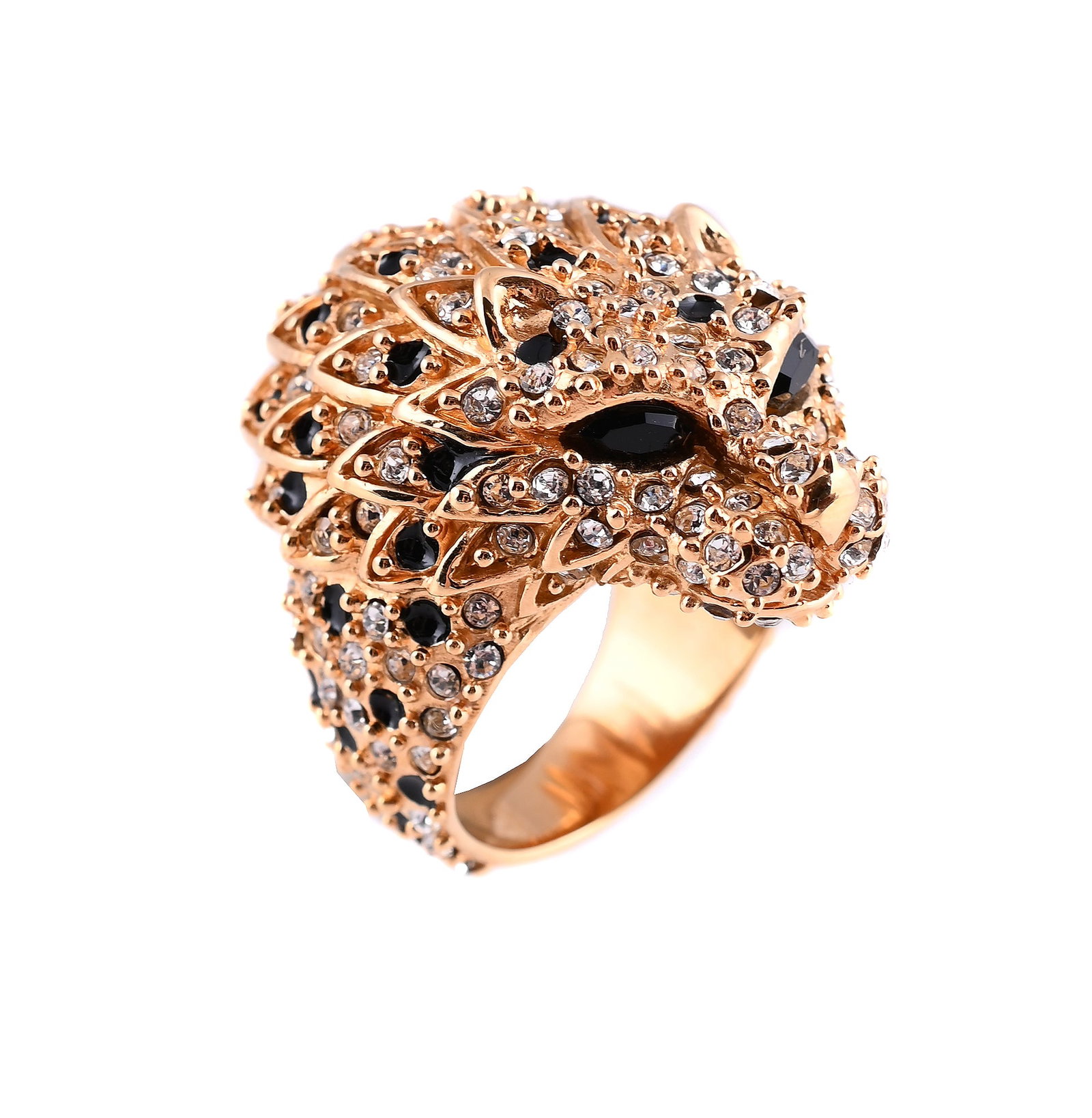 SAINT LAURENT, A DRESS RING: SAINT LAURENT, A DRESS RING The gilt metal ring in the form of a lion, set with white pastes with black enamel accents, with black paste eyes, signed Saint Laurent Paris, with original card box and