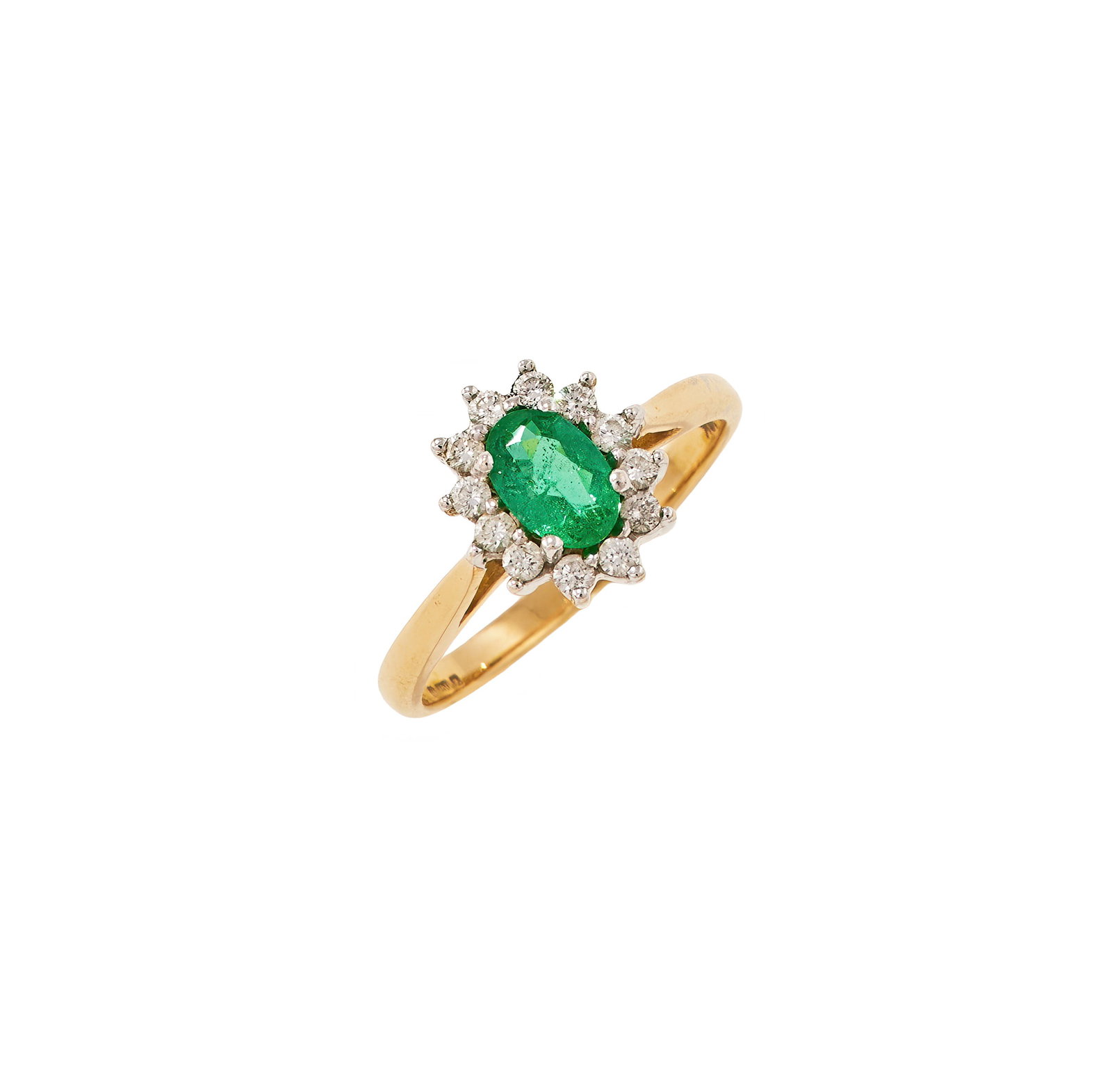 AN EMERALD AND DIAMOND CLUSTER RING: AN EMERALD AND DIAMOND CLUSTER RING The oval cut emerald within a surround of brilliant cut diamonds, mounted in 18 carat gold, Sheffield 1997 import mark Size/dimensions: ring size K Gross weight: