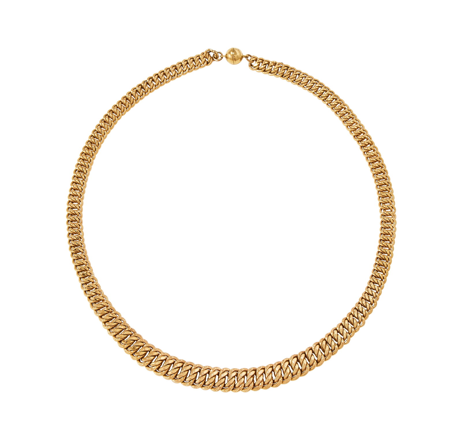 A FANCY LINK NECKLACE: A FANCY LINK NECKLACE The graduated textured links to an associated magnetic orb clasp, stamped 375 Size/dimensions: 46cm long Gross weight: 22.5 grams Condition Report: The necklace is