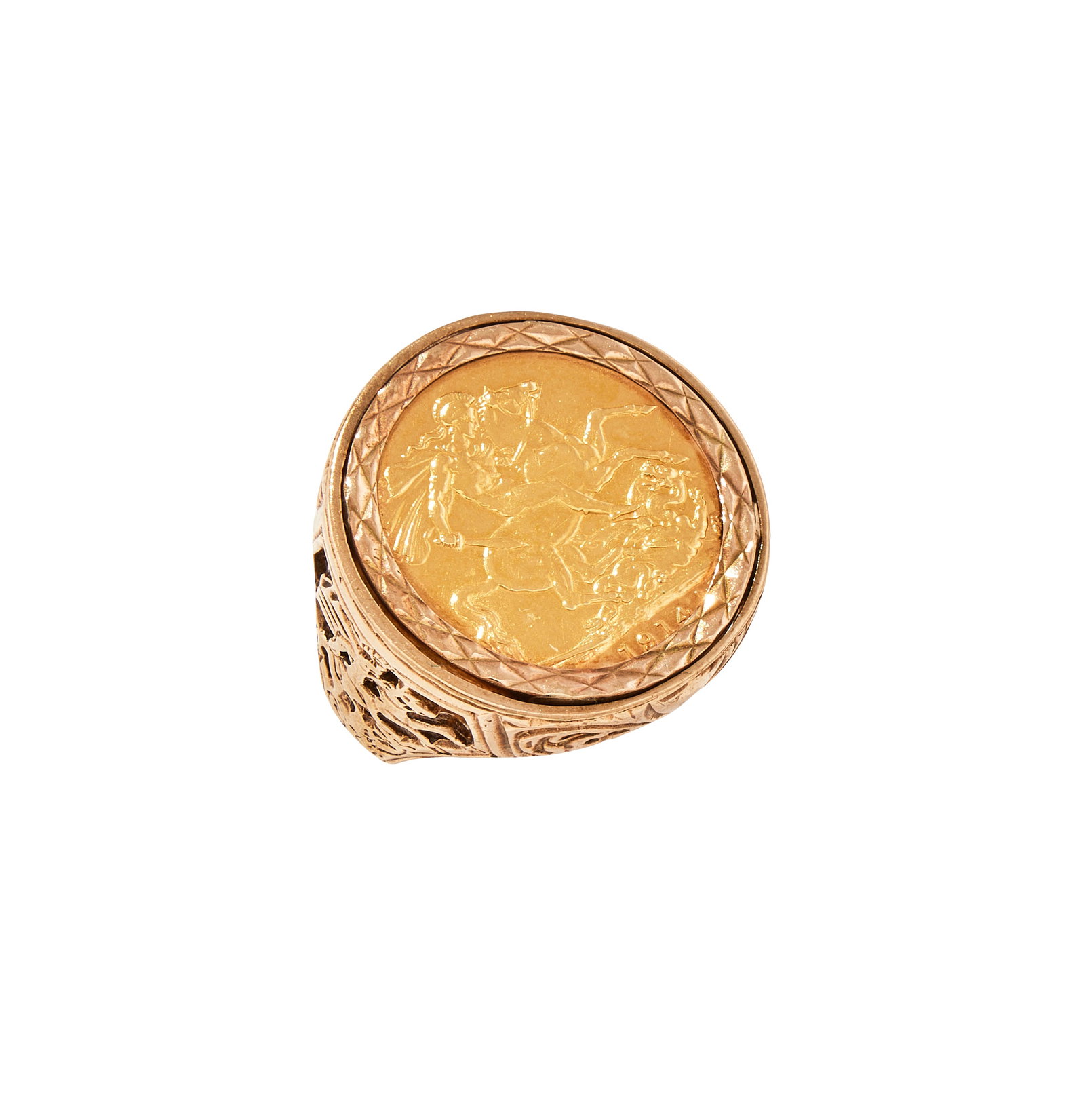 A SOVEREIGN DRESS RING: A SOVEREIGN DRESS RING The George v 1914 sovereign in a mount with pierced St George and the Dragon shoulders, unmarked Size/dimensions: ring size approximately P Gross weight: 14.9 grams Condition