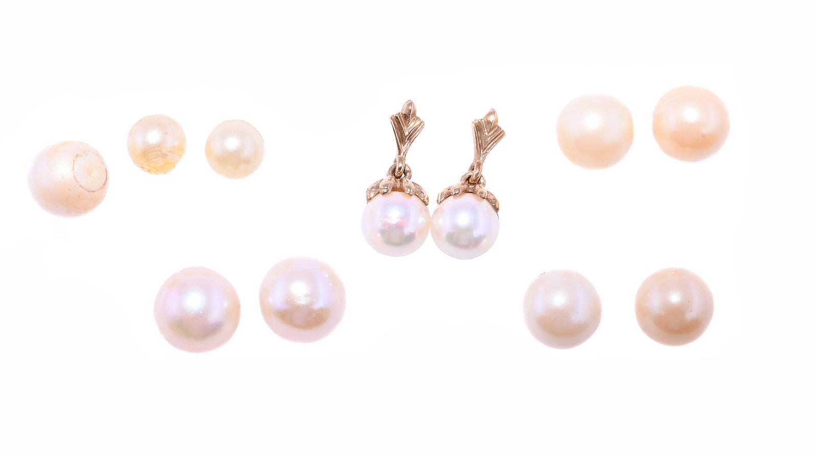 A GROUP OF CULTURED PEARL EARRINGS: A GROUP OF CULTURED PEARL EARRINGS The first a pair by Mikimoto, with foliate detail and screw back fittings, stamped 14K, maker's mark, in Mikimoto box; a pend