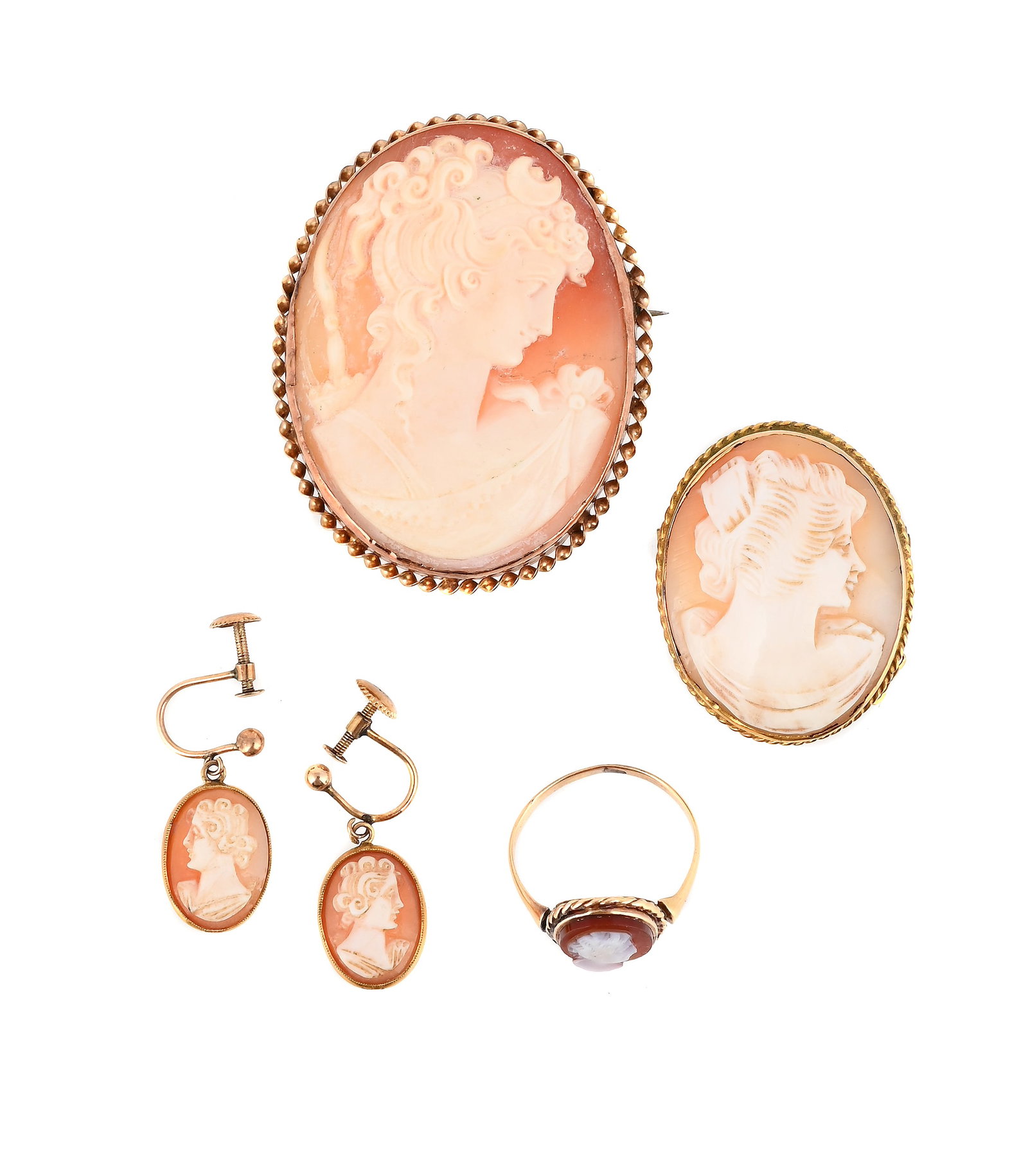 A COLLECTION OF CAMEO JEWELLERY: A COLLECTION OF CAMEO JEWELLERY To include a mid 20th century shell cameo of Diana/Artemis, with a crescent moon in her hair and bow and quiver behind, within a ropetwist setting stamped