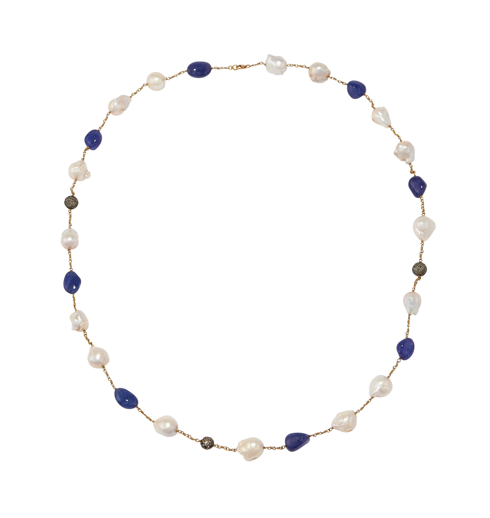 A TANZANITE, DIAMOND AND FRESHWATER CULTURED PEARL NECKLACE: A TANZANITE, DIAMOND AND FRESHWATER CULTURED PEARL NECKLACE The polished tanzanite beads interspaced with various baroque freshwater cultured pearls, with pavé set si