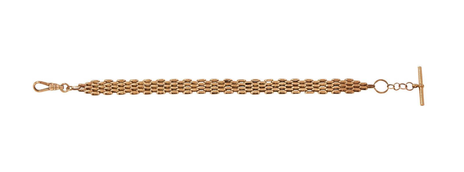 A BRICK LINK BRACELET: A BRICK LINK BRACELET Of tapered brick linking, stamped 375, to an associated lobster claw clasp, stamped 9k Size/dimensions: 24.0cm long Gross weight: 18.4 grams Condition Report: Only the