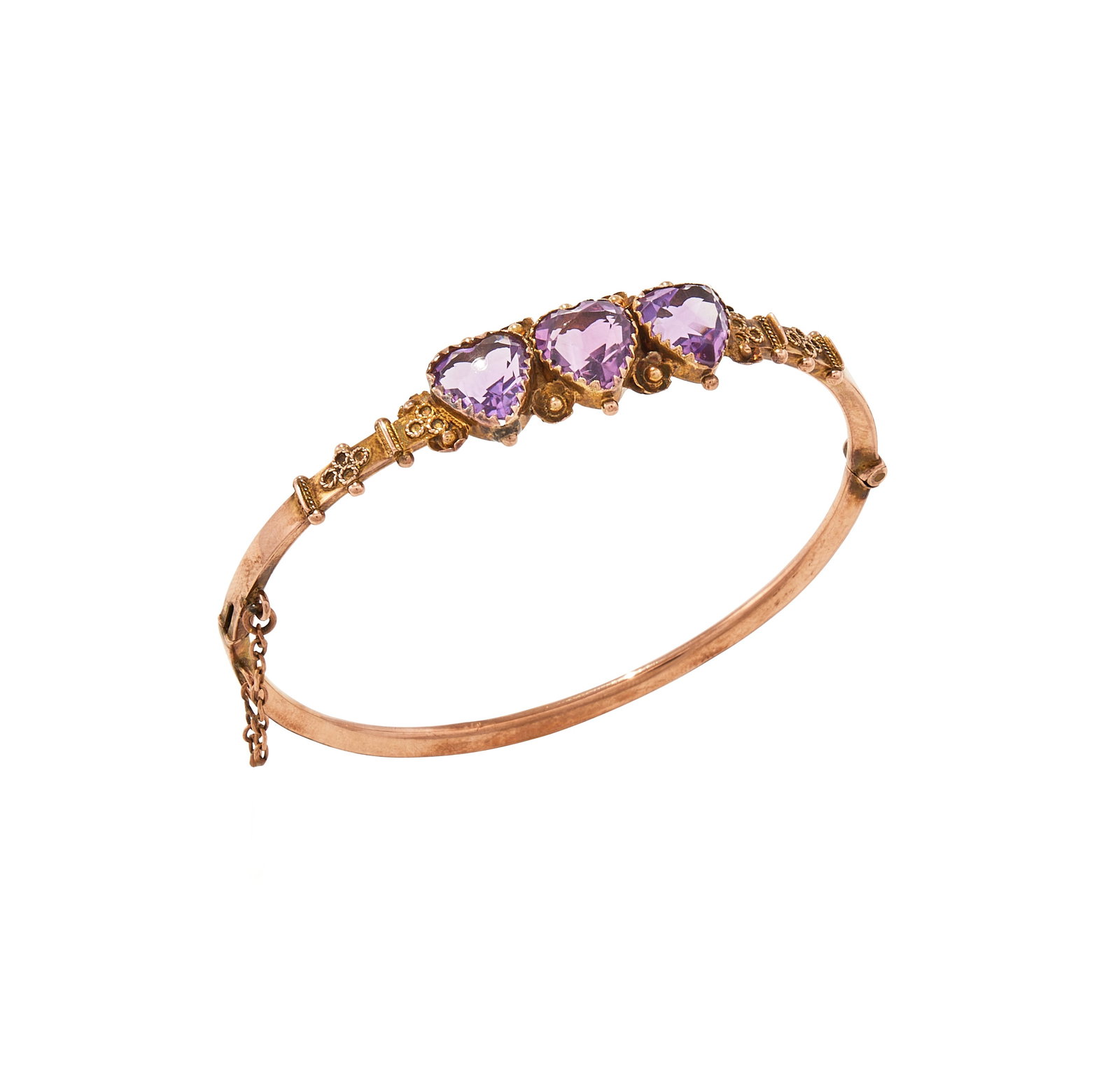 A LATE VICTORIAN 9 CARAT GOLD AMETHYST HINGED BANGLE - 2