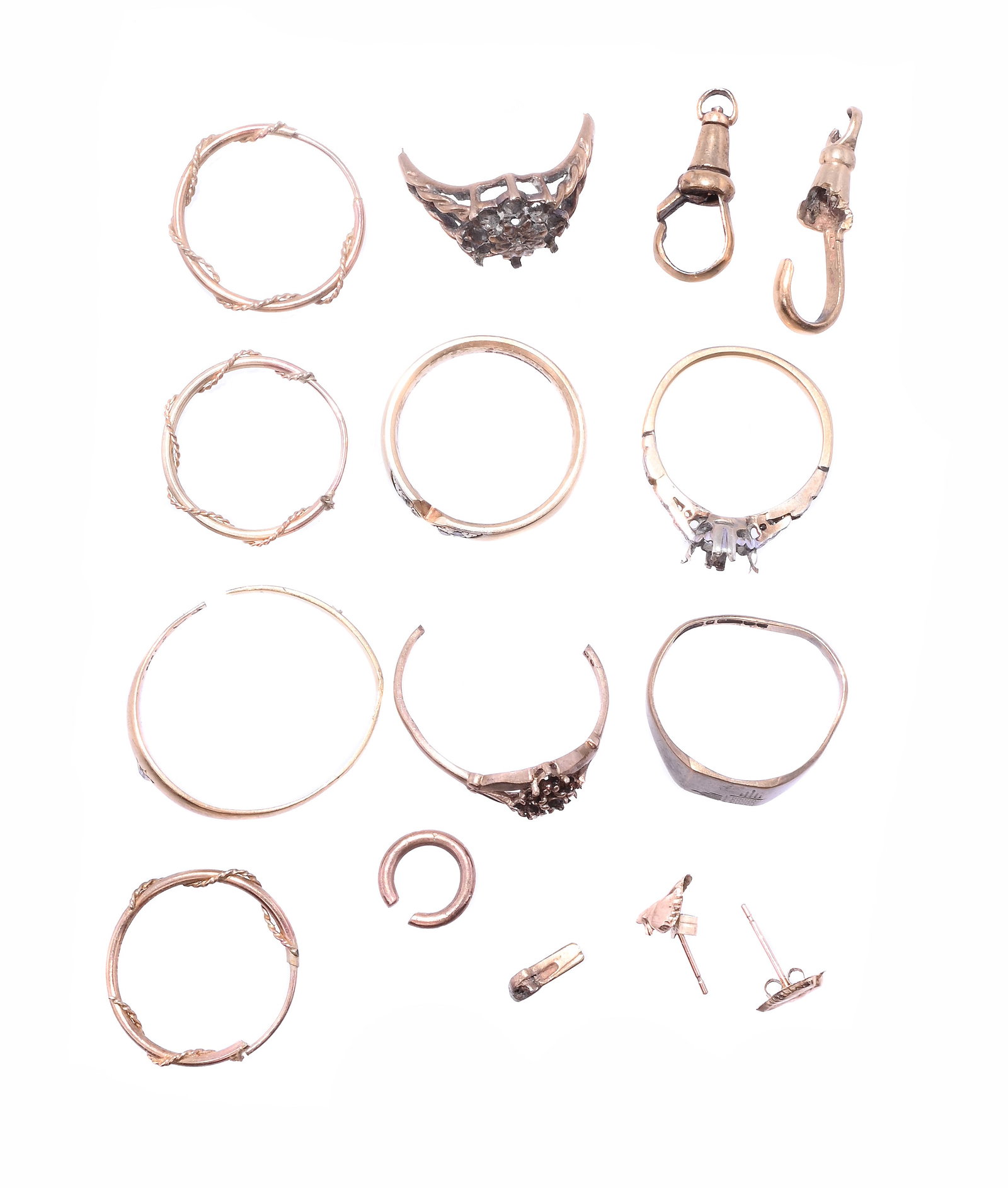 A GROUP OF JEWELLERY AND DAMAGED PARTS: A GROUP OF JEWELLERY AND DAMAGED PARTS Including a 9 carat gold diamond accented ring; a 9 carat gold signet ring; three ropetwist earrings; together with further damaged ring settings Gross weight