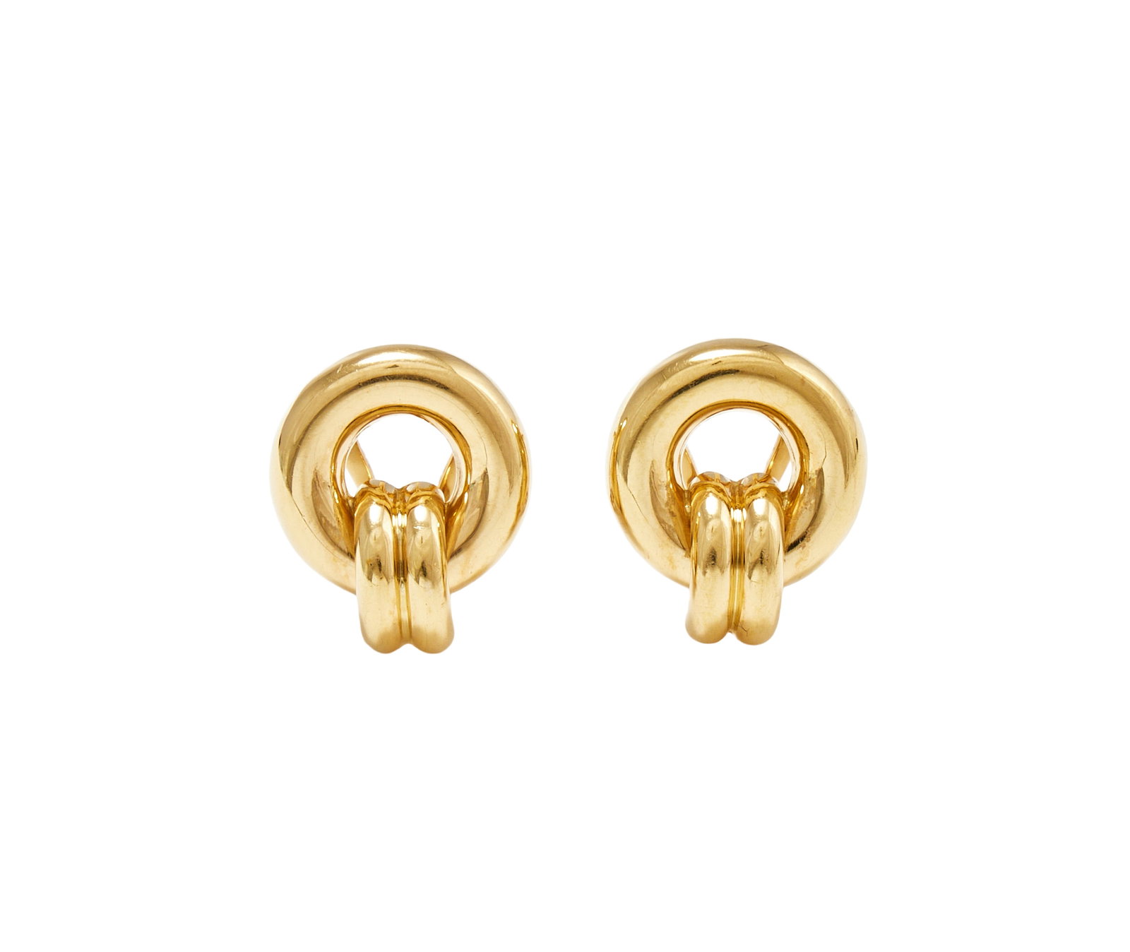 KIKI MCDONOUGH, A PAIR OF GOLD EARRINGS: KIKI MCDONOUGH, A PAIR OF GOLD EARRINGS Each 18ct gold circlet with a reeded loop, post and clip fittings, UK hallmark, maker's mark, maker's case Size/dimensions: 1.7cm long Gross weight: