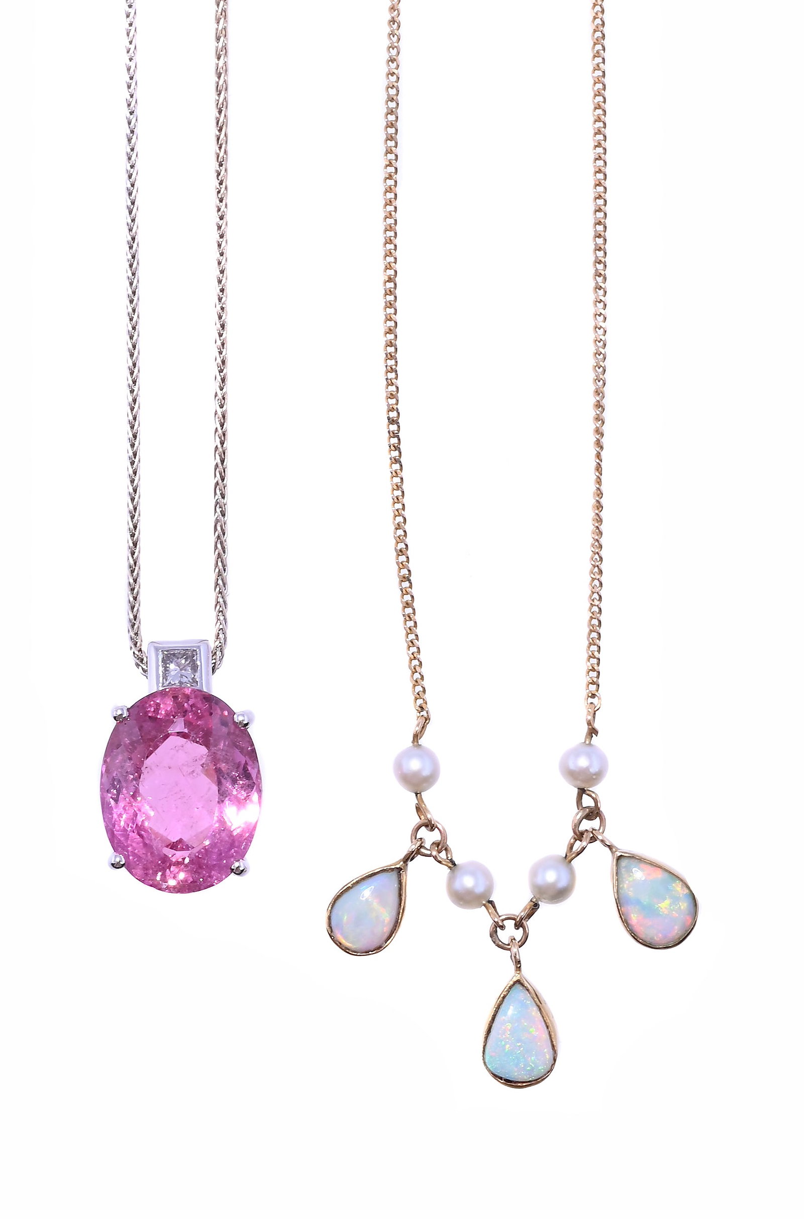 A PINK TOURMALINE AND DIAMOND PENDANT AND AN OPAL AND CULTURED PEARL NECKLACE: A PINK TOURMALINE AND DIAMOND PENDANT AND AN OPAL AND CULTURED PEARL NECKLACE The first set with an oval cut pink tourmaline with a princess cut diamond bale, suspend