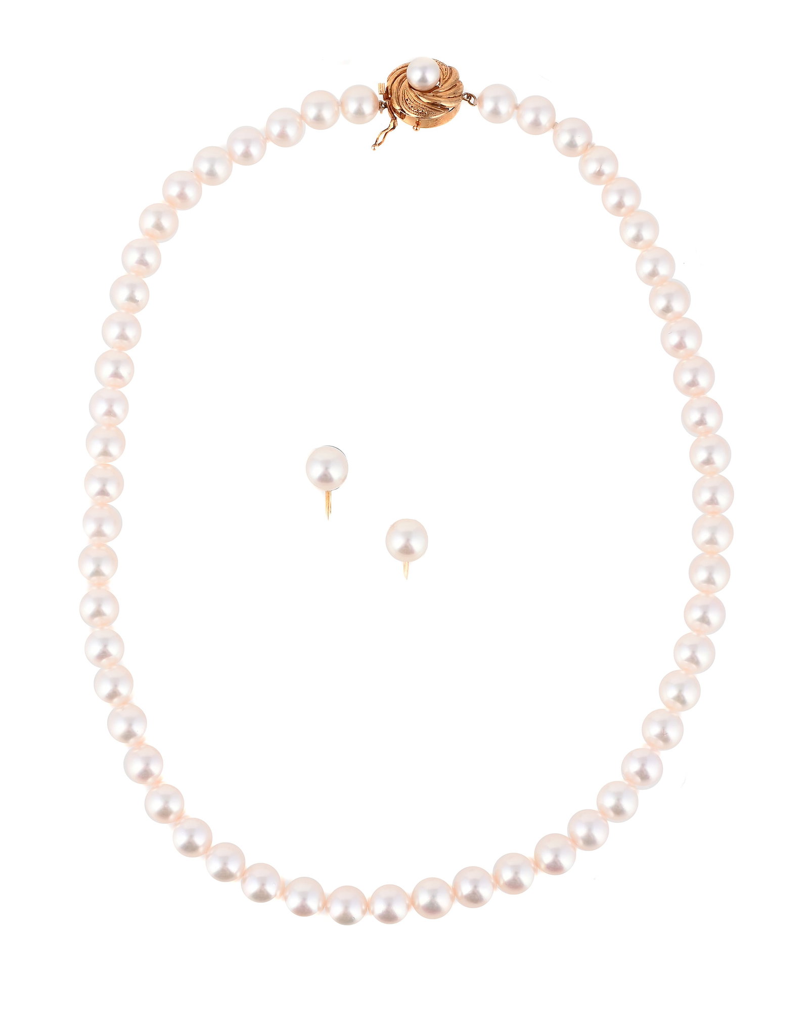 A CULTURED PEARL NECKLACE AND EARRING SUITE: A CULTURED PEARL NECKLACE AND EARRING SUITE The single row of uniform 7.5mm cultured pearls to a circular clasp with swirled detail and central cultured pearl, stamped K14; together