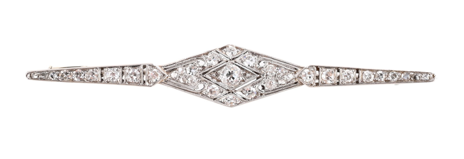AN ART DECO DIAMOND BAR BROOCH: AN ART DECO DIAMOND BAR BROOCH circa 1930 The pierced geometric brooch set with old European, single and rose cut diamonds, unmarked, in an associated case Size/dimensions: 6.6cm long Gross weight: