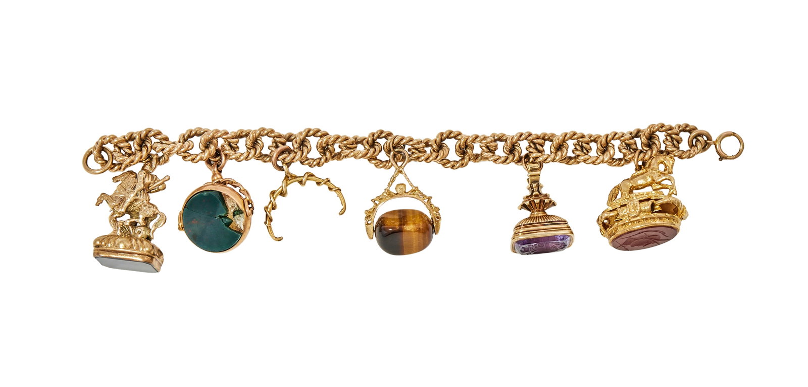A FOB BRACELET: A FOB BRACELET The 9ct gold ropetwist belcher link bracelet with ring bolt clasp, UK hallmark, suspending various fobs including a 9ct gold George and the Dragon fob seal with a polished agate base;