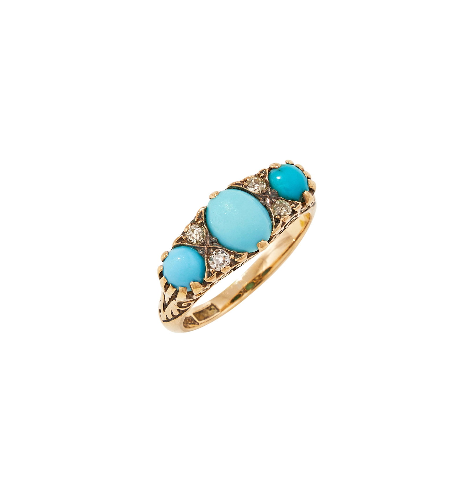 A LATE VICTORIAN AND LATER TURQUOISE AND DIAMOND SEVEN STONE RING: A LATE VICTORIAN AND LATER TURQUOISE AND DIAMOND SEVEN STONE RING The oval and circular cabochon turquoise with two pairs of diamonds between, scrolled gallery, stamped 18ct JAY'S
