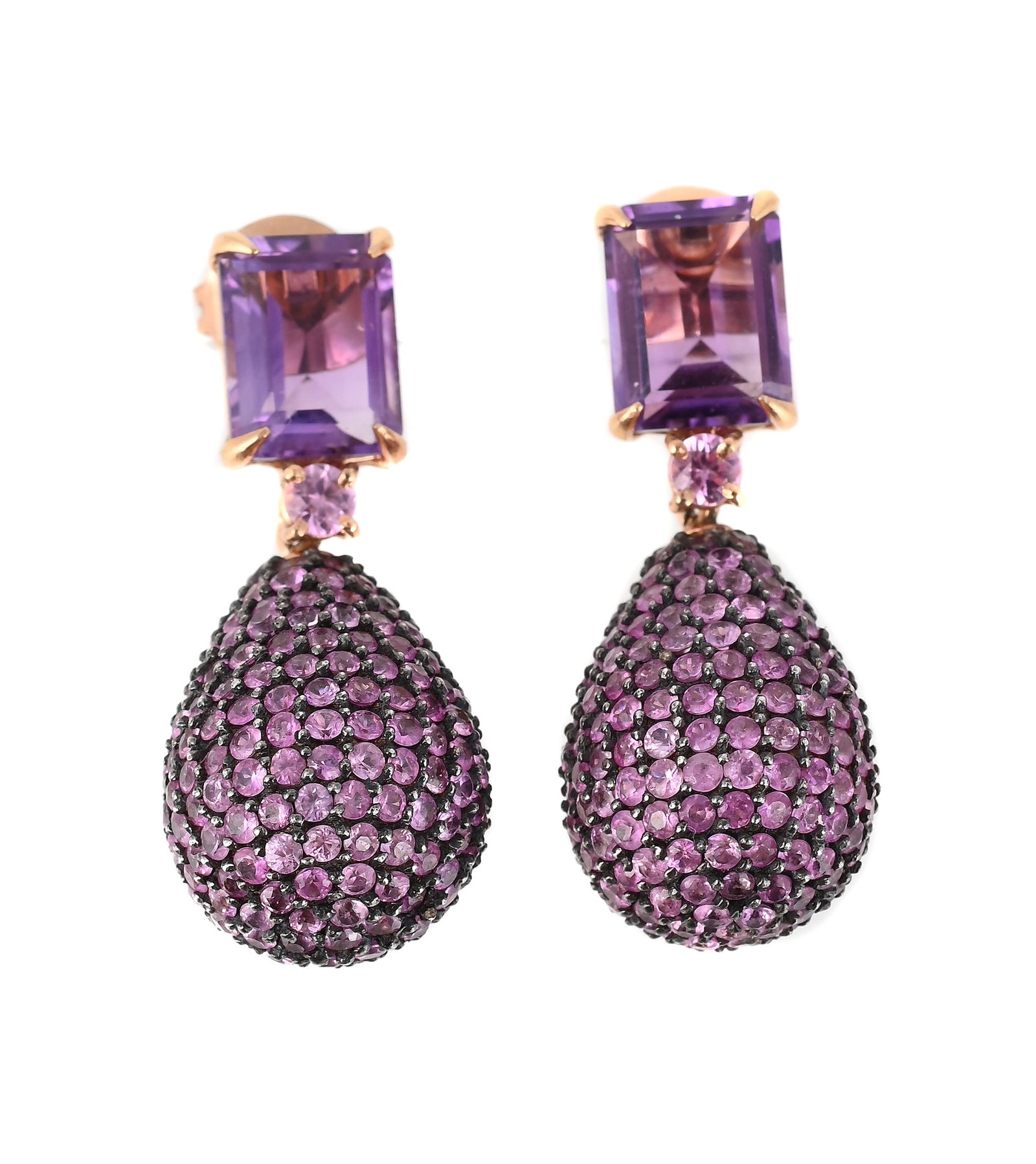 A PAIR OF AMETHYST AND PINK SAPPHIRE EARRINGS: A PAIR OF AMETHYST AND PINK SAPPHIRE EARRINGS The step cut amethysts with canted corners above pavé set pink sapphire drops, post fittings, stamped 750 Size/dimens
