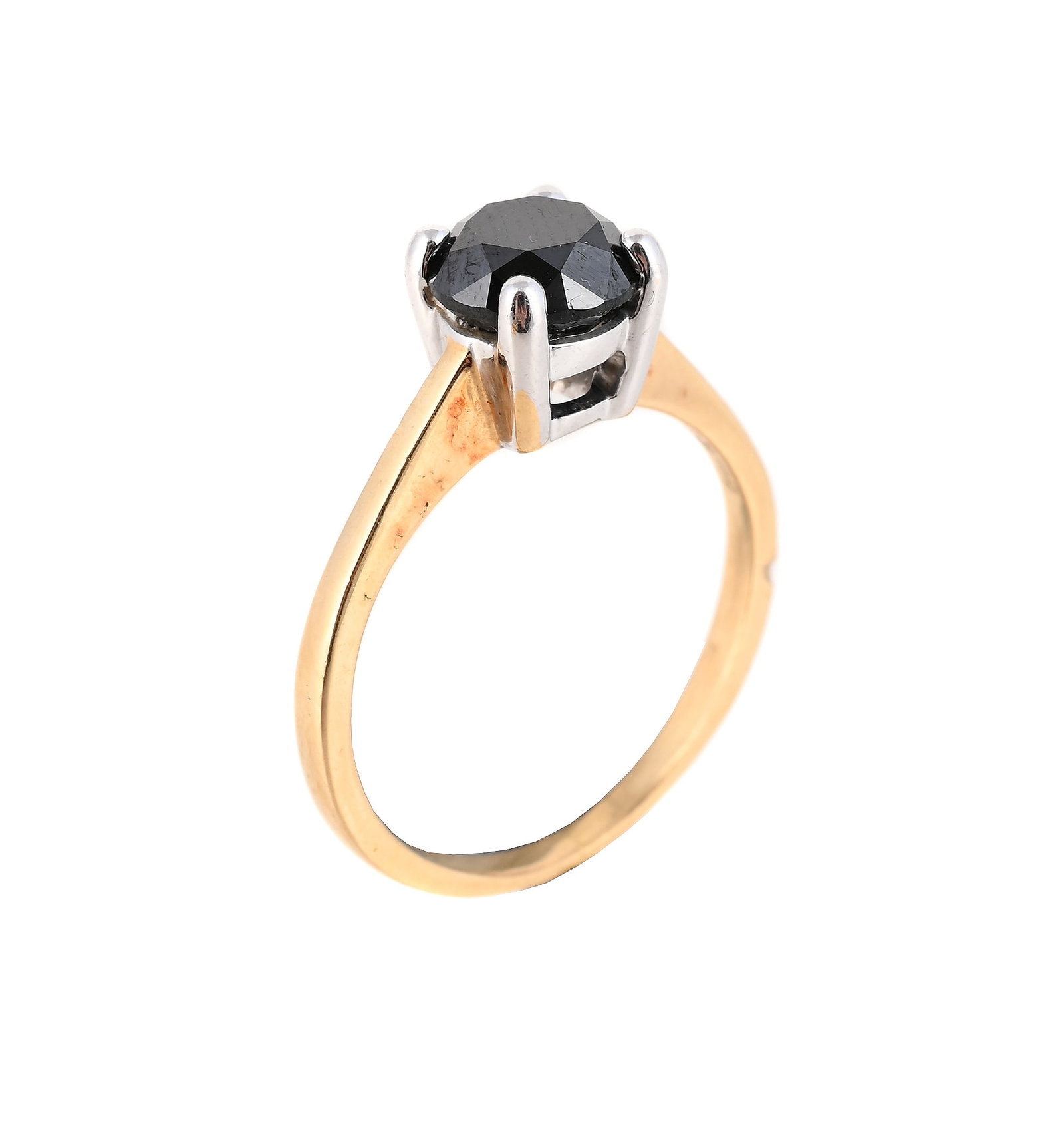 A BLACK DIAMOND RING: A BLACK DIAMOND RING The circular cut black diamond in a four claw setting, unmarked Size/dimensions: ring size P½ Gross weight: 4.1 grams Condition Report: The ring setting has a few