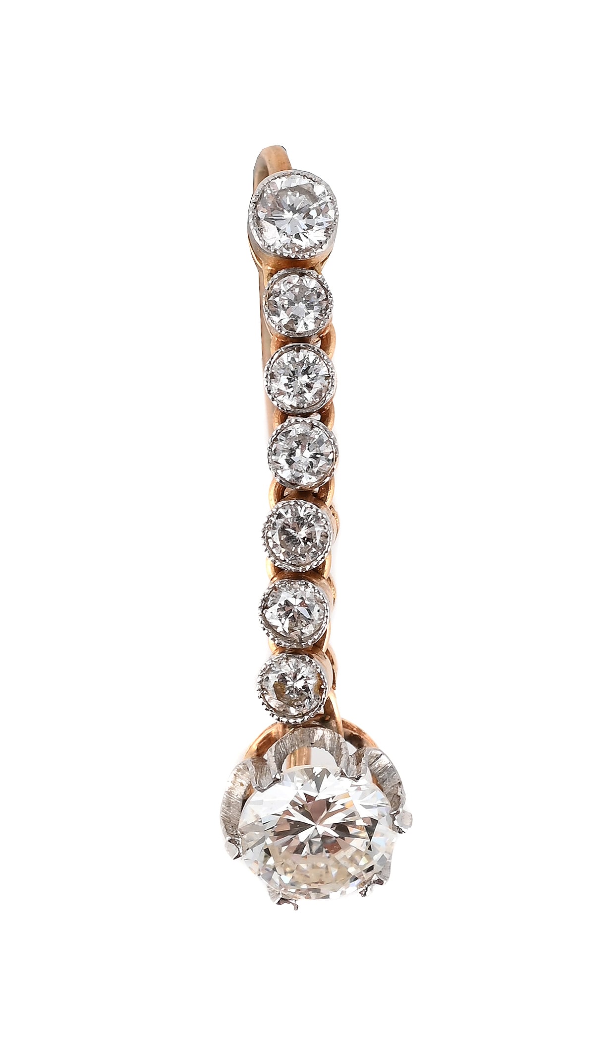 A SINGLE DIAMOND PENDENT EARRING: A SINGLE DIAMOND PENDENT EARRING The brilliant cut diamond suspended from a row of millegrain set diamonds, with a shepherd's hook fitting, unmarked Size/dimensions: 2.6cm long Gross weight: