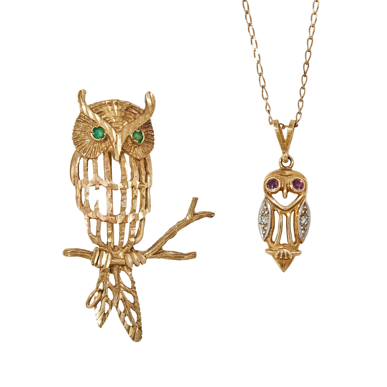 AN OWL BROOCH AND PENDANT: AN OWL BROOCH AND PENDANT The 9ct gold brooch of openwork textured design with circular cut emerald eyes, Birmingham hallmark; the 9ct gold owl shaped pendant with si