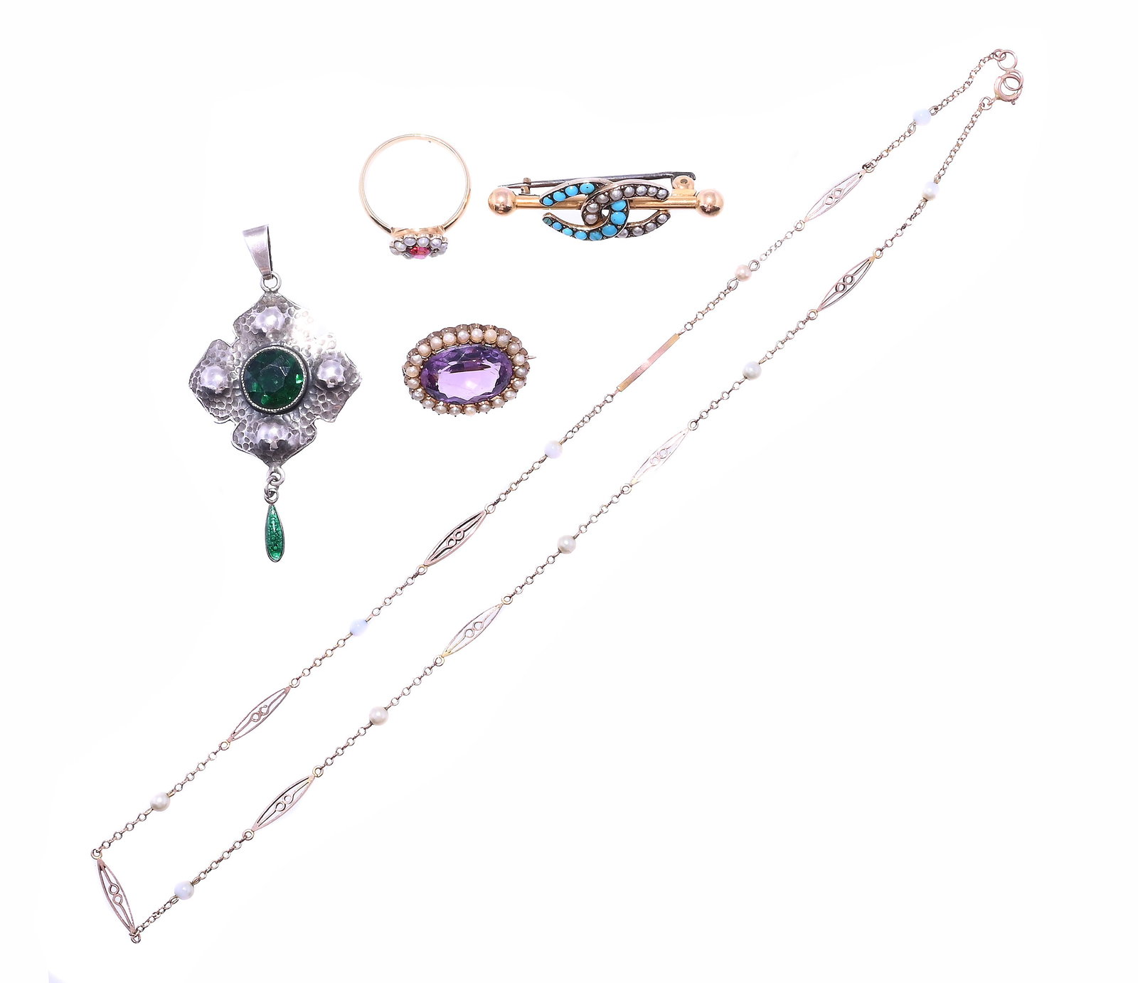 A SMALL COLLECTION OF JEWELLERY: A SMALL COLLECTION OF JEWELLERY Comprising a late Victorian amethyst and seed pearl cluster brooch, with rubbed 15ct stamp; a late Victorian double horse shoe brooch,