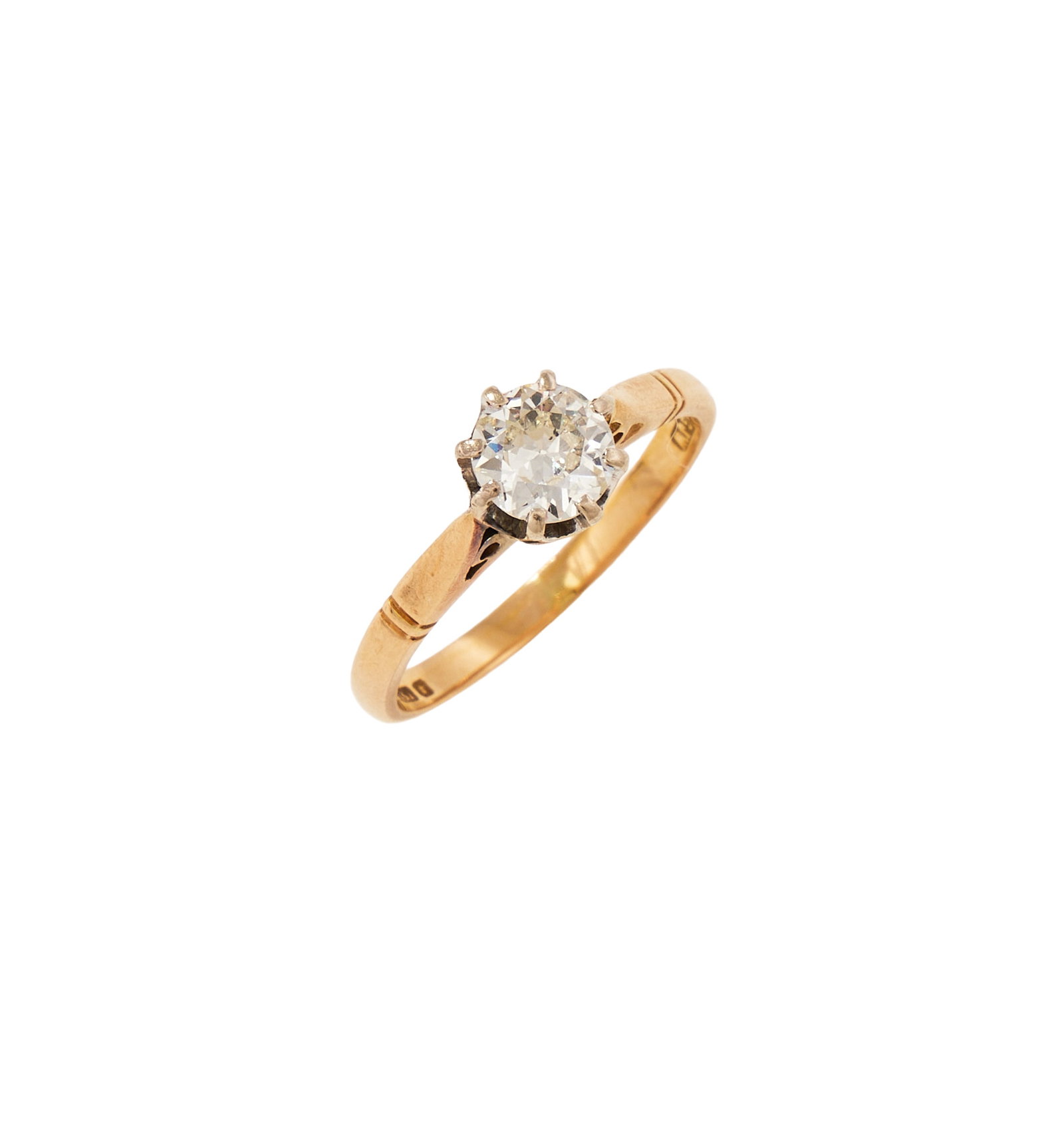 A DIAMOND SINGLE STONE RING: A DIAMOND SINGLE STONE RING LONDON 1988 The brilliant cut diamond in an eight claw setting, to an 18ct gold shank, UK hallmark Size/dimensions: ring size M Gross weight: 3.2 grams Condition Report: