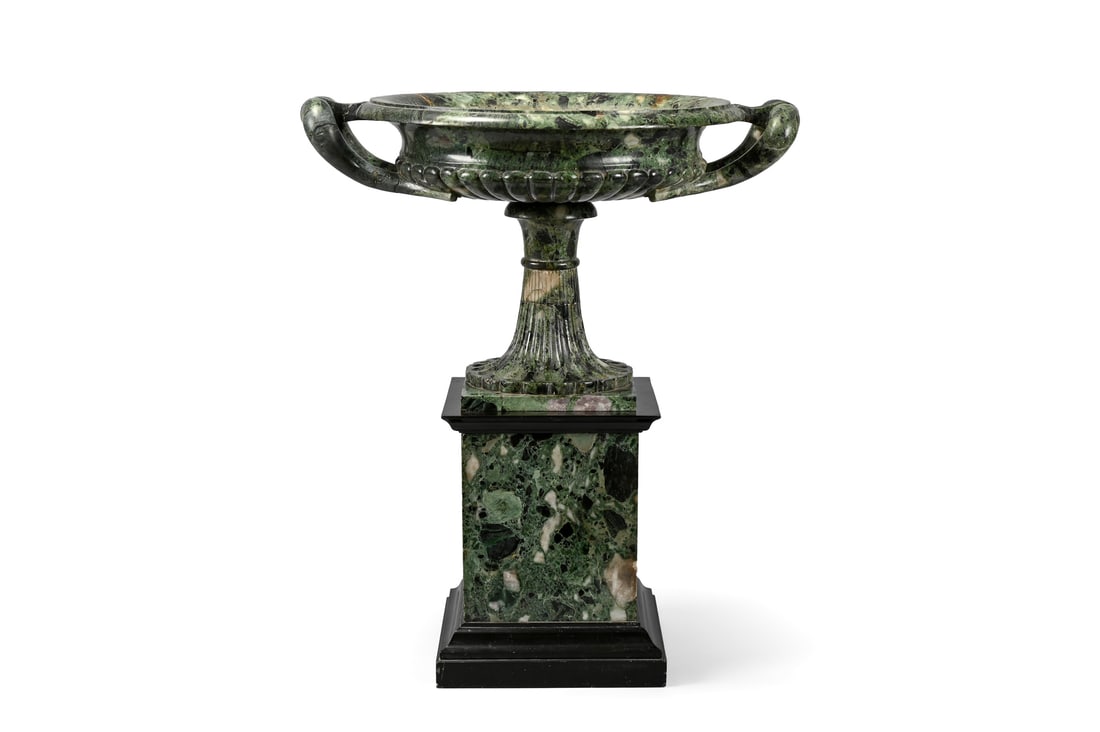 AN ITALIAN GRAND TOUR BRECCIATED GREEN MARBLE TAZZA ON STAND, 19TH CENTURY: AN ITALIAN GRAND TOUR BRECCIATED GREEN MARBLE TAZZA ON STAND19TH CENTURY In the manner of Boschetti and Chiurazzi, the twin handled tazza bowl on a flute spreading circular stem, with a bronze pin and