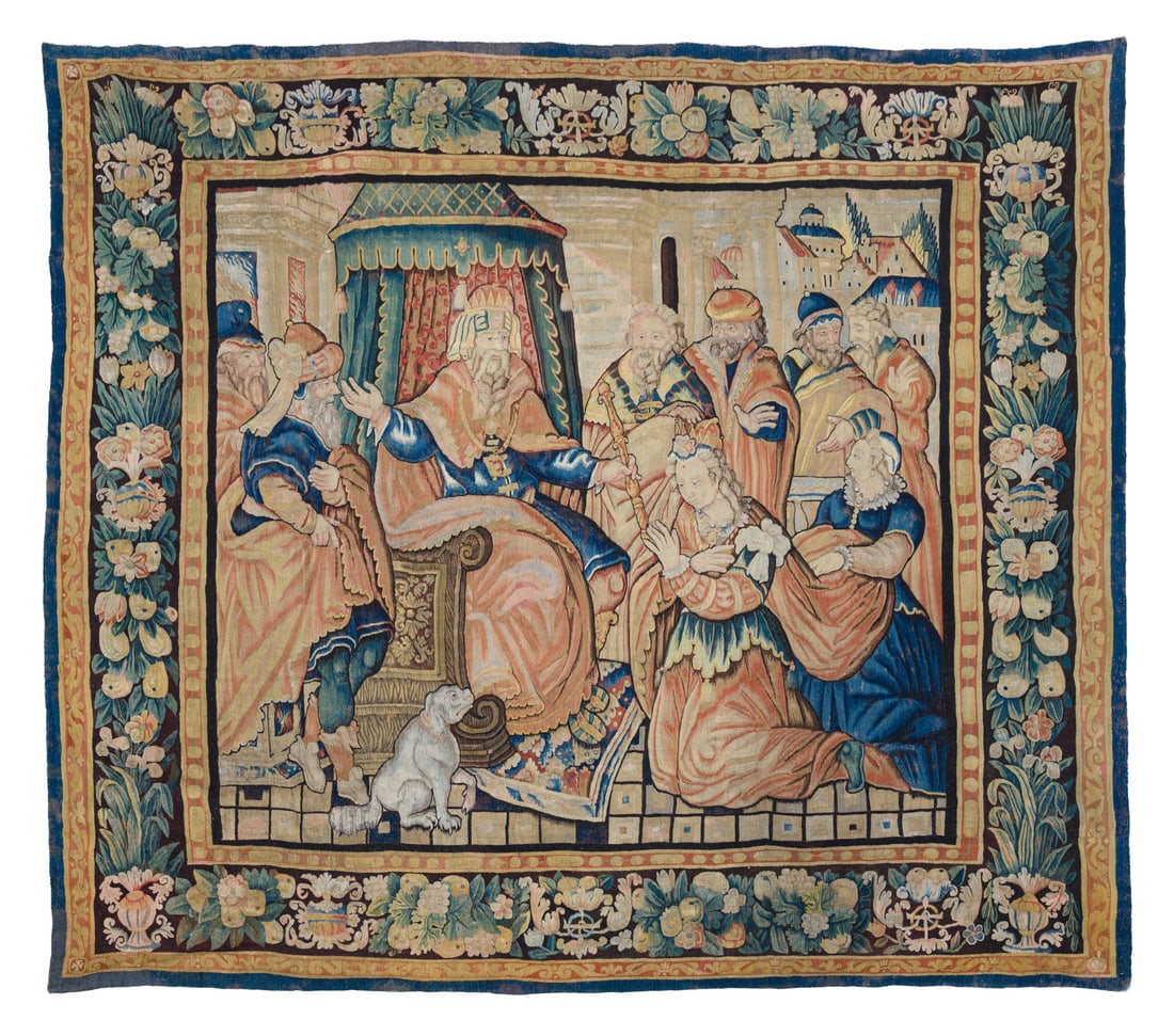 A FLEMISH BIBLICAL TAPESTRY DEPICTING ESTHER BEFORE KING AHASUERUS, EARLY 17TH CENTURY: A FLEMISH BIBLICAL TAPESTRY DEPICTING ESTHER BEFORE KING AHASUERUS EARLY 17TH CENTURY approximately 315 x 344cm This tapestry depicts the coronation of Esther by King Ahasuerus of Persi