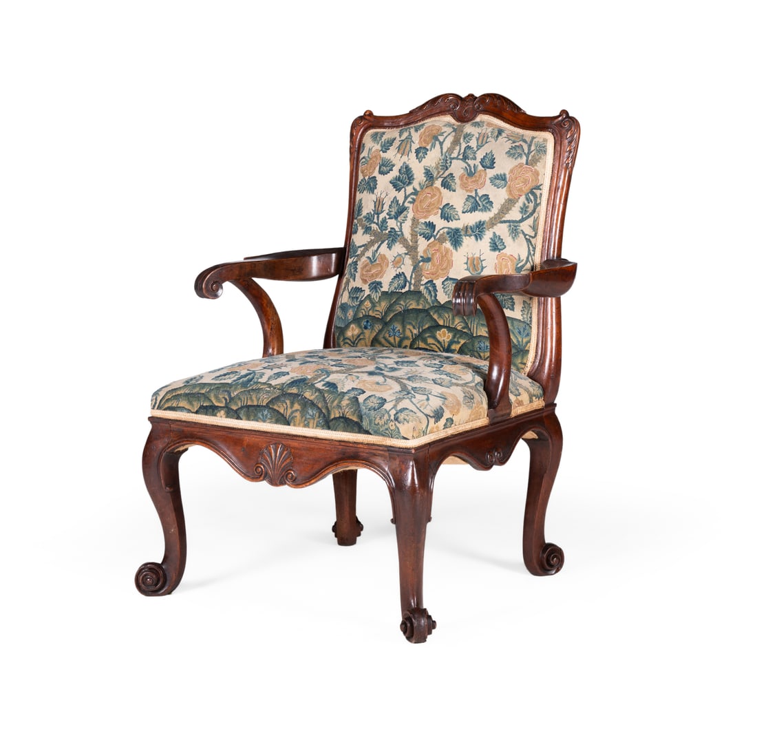A GEORGE II 'RED WALNUT' AND NEEDLEWORK UPHOLSTERED ARMCHAIR, CIRCA 1750 (1 of 4)