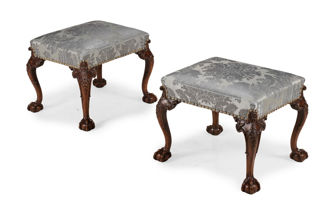 A PAIR OF GEORGE II 'RED WALNUT' STOOLS, CIRCA 1755: A PAIR OF GEORGE II 'RED WALNUT' STOOLSCIRCA 1755With close nailed silk Damask upholstery44cm high, 57cm wide, 50cm deep