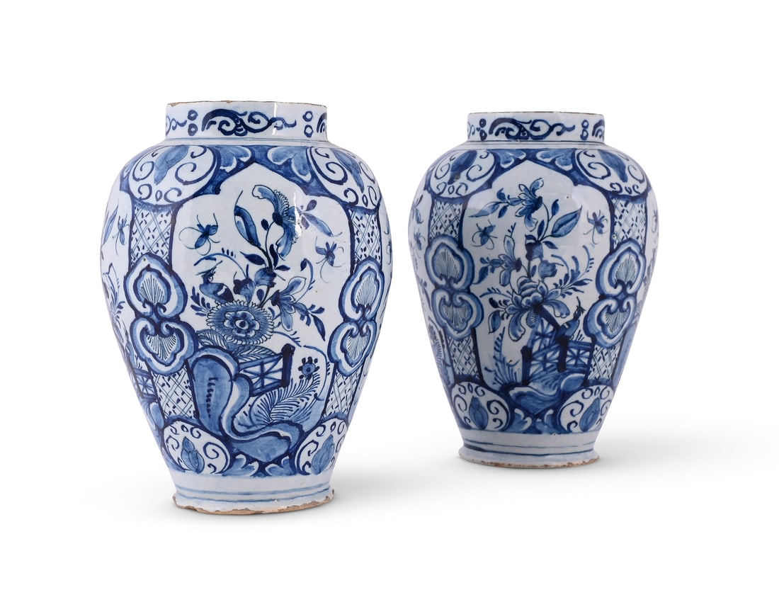 A PAIR OF DUTCH DELFT BLUE AND WHITE CHINOISERIE BALUSTER VASES, MID 18TH CENTURY (1 of 3)