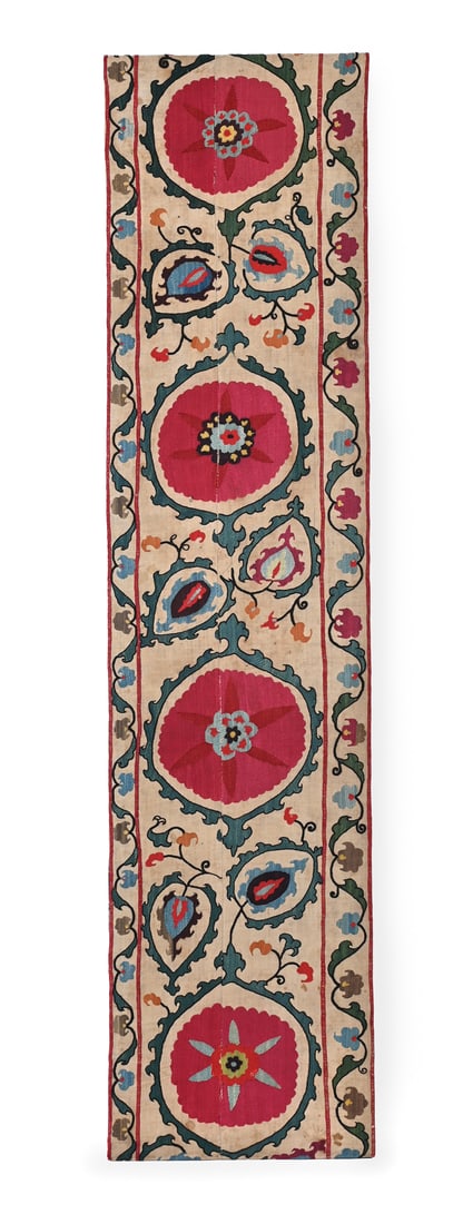A SILK SUZANI PANEL, UZBEKISTAN, 18TH CENTURY: A SILK SUZANI PANELUZBEKISTAN, 18TH CENTURYLined and mounted onto a stretcher frame188 x 45.5cm
