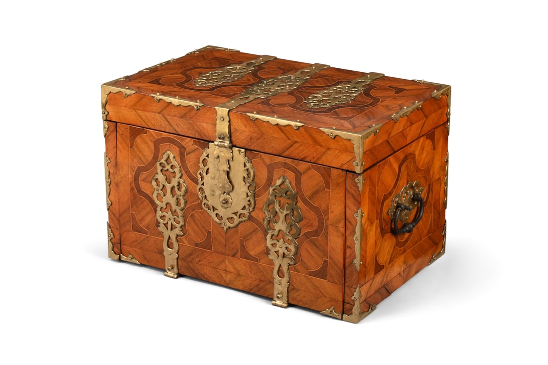A WILLIAM & MARY WALNUT, PARQUETRY AND GILT METAL MOUNTED STRONGBOX OR COFFRE FORT, CIRCA 1690 (1 of 4)