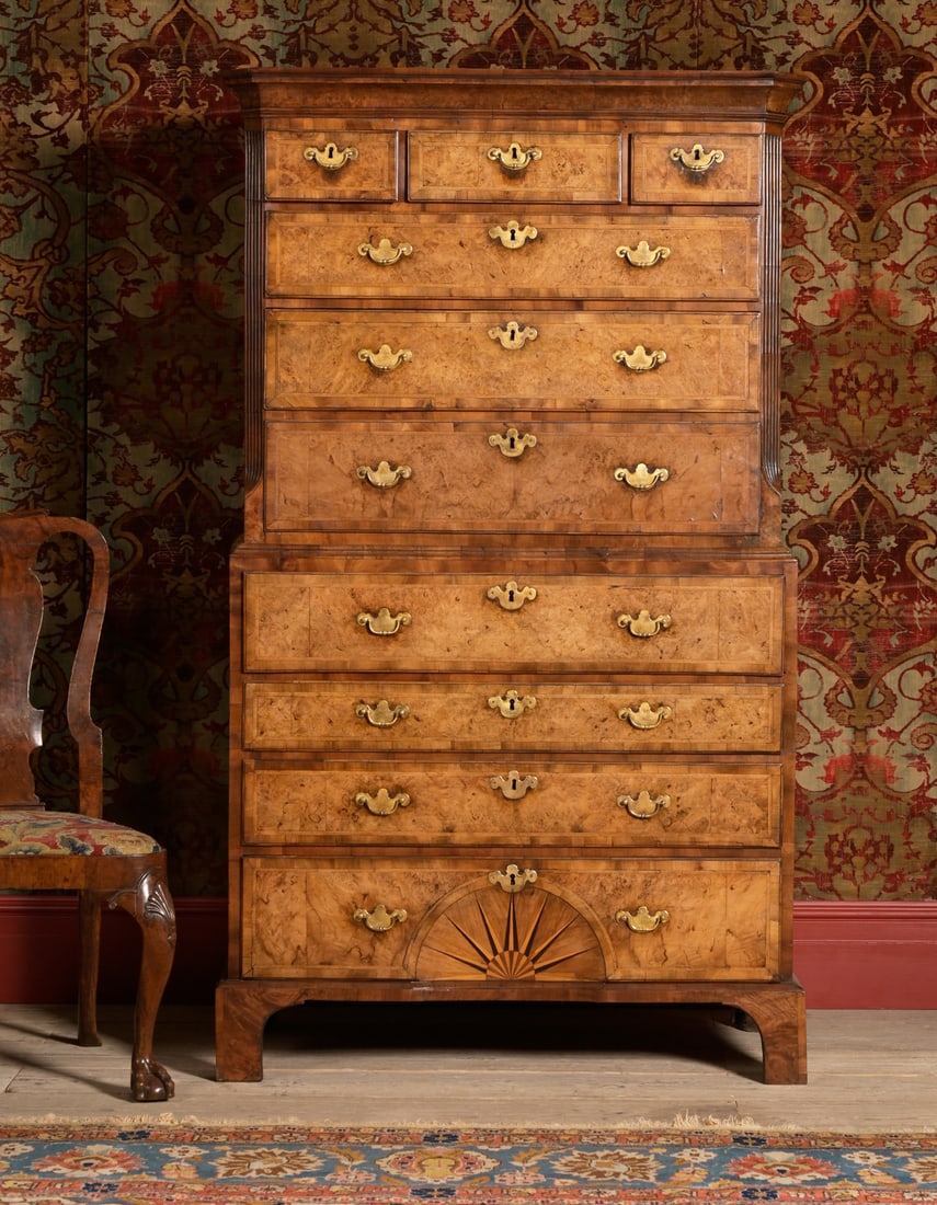 A GEORGE II WALNUT, BURR WALNUT AND FEATHERBANDED SECRETAIRE CHEST ON CHEST, CIRCA 1740 (1 of 5)