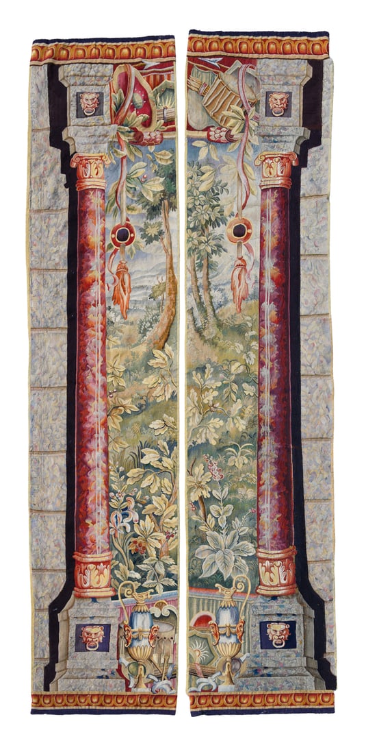 A PAIR OF AUBUSSON TAPESTRY BORDER SECTIONS DEPICTING COLUMNS, FRENCH, 18TH CENTURY (1 of 3)