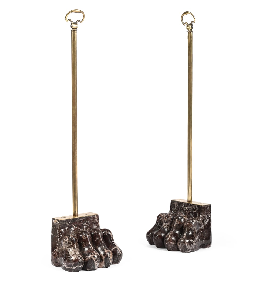A PAIR OF ROSSO LEVANTO MARBLE AND BRASS 'LION PAW' DOOR STOPS OR DOOR PORTERS (1 of 3)