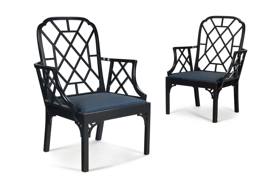 A PAIR OF EBONISED COCKPEN ARMCHAIRS, SECOND HALF 20TH CENTURY (1 of 3)