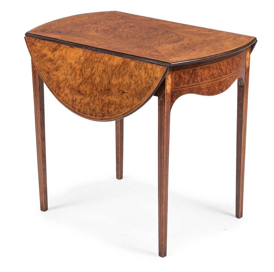 Y A GEORGE III BURR YEW AND TULIPWOOD BANDED OVAL PEMBROKE TABLE, CIRCA 1780 (1 of 6)