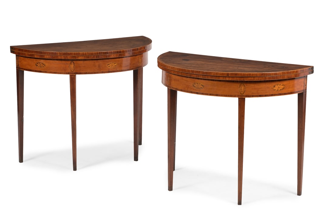 Y A PAIR OF GEORGE III MAHOGANY, TULIPWOOD AND MARQUETRY CARD TABLES, CIRCA 1790 (1 of 5)