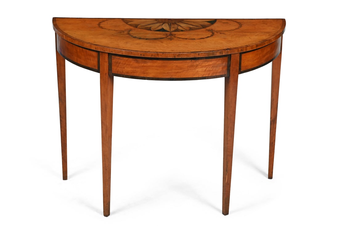 A GEORGE III SATINWOOD AND MARQUETRY DEMI LUNE CONSOLE TABLE, CIRCA 1790 (1 of 2)