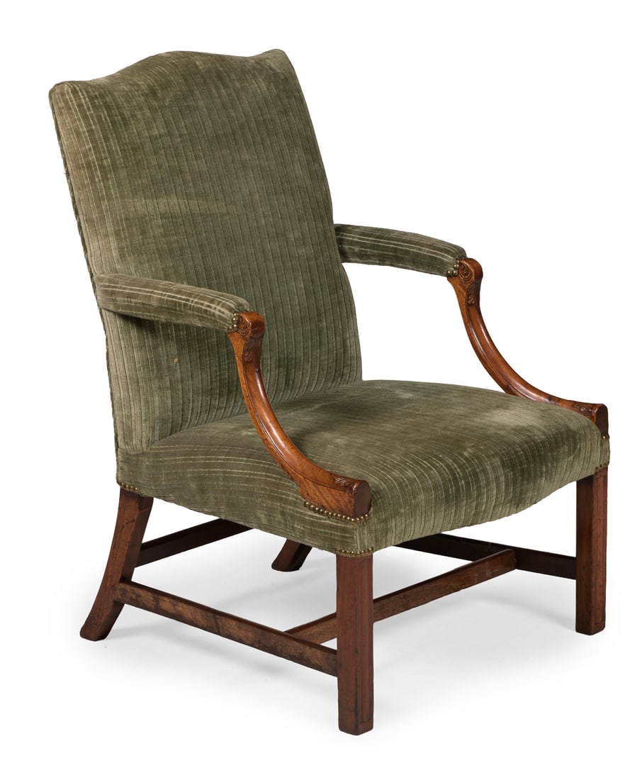A GEORGE III MAHOGANY GAINSBOROUGH LIBRARY ARMCHAIR, CIRCA 1770: A GEORGE III MAHOGANY GAINSBOROUGH LIBRARY ARMCHAIR CIRCA 1770With carved swept back arm supports101cm high, 69cm wide, 71cm deep