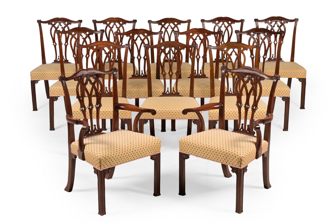 A SET OF FOURTEEN MAHOGANY AND UPHOLSTERED DINING CHAIRS (1 of 4)
