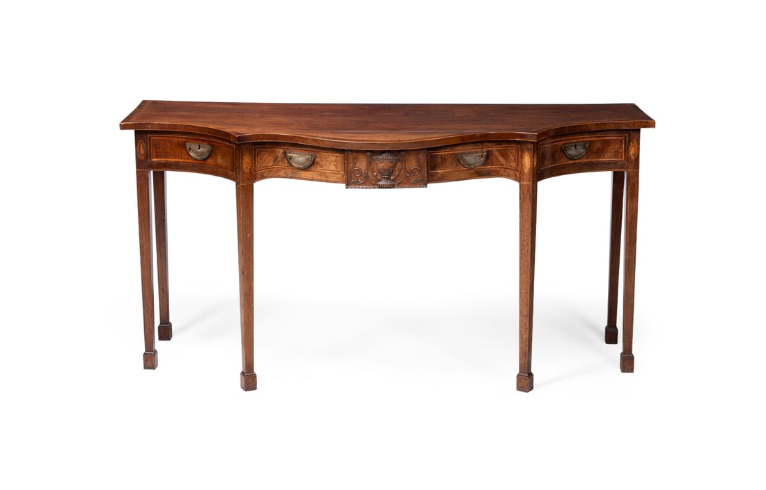 A FINE GEORGE III CARVED MAHOGANY AND INLAID SERPENTINE SERVING TABLE, CIRCA 1780 (1 of 6)